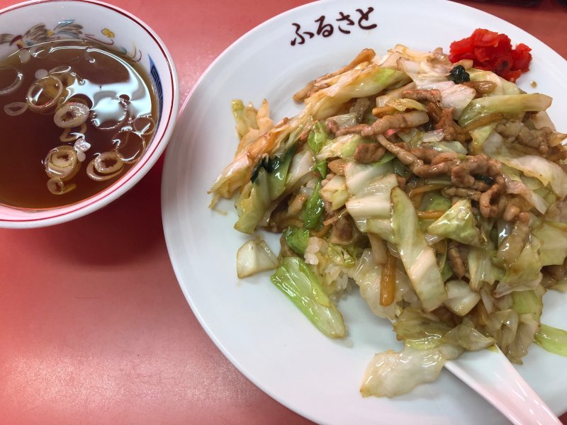 ふるさとの肉野菜炒めとスープ